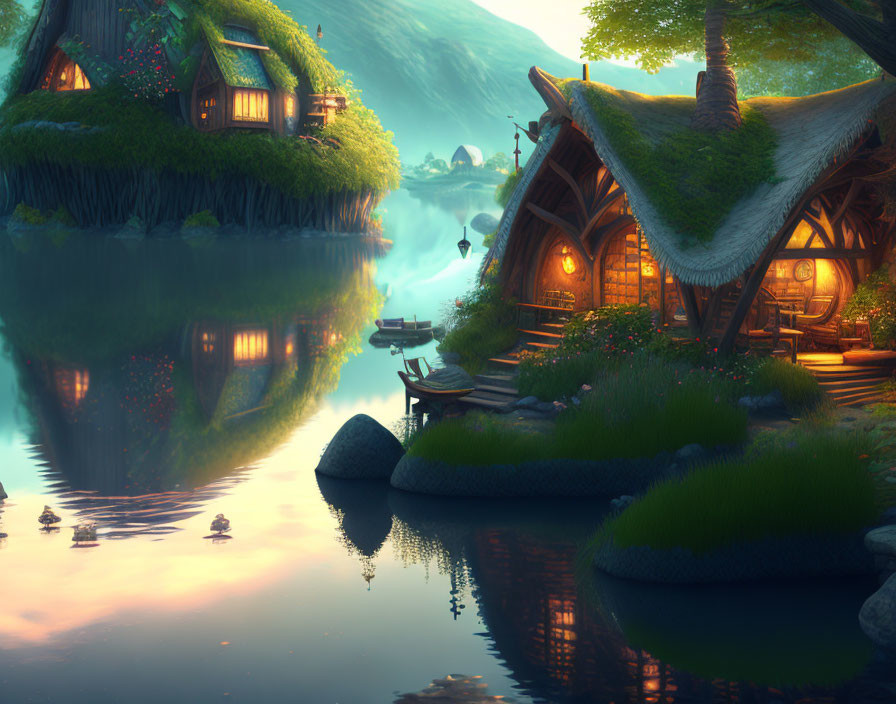 Twilight scene of serene lake with hobbit-style houses amid lush greenery