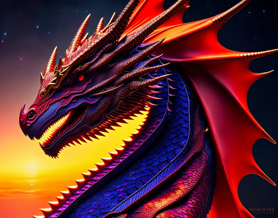 Majestic blue and red dragon with golden horns in starry sunset sky