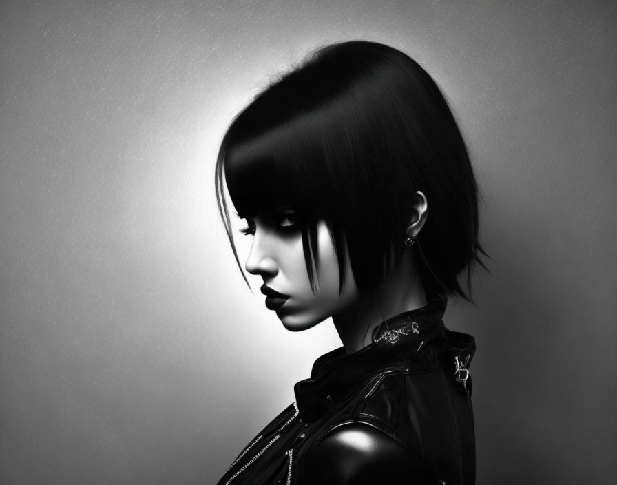 Monochrome portrait of woman with bob haircut, dark makeup, leather jacket, gazing sideways