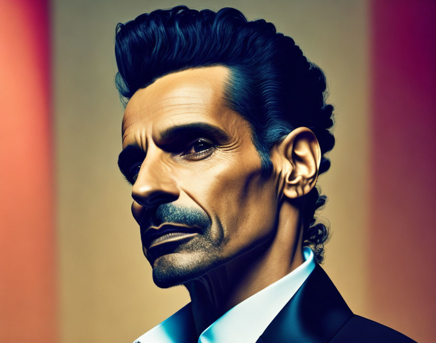 Stylized portrait of a man with slicked-back hair in dark suit