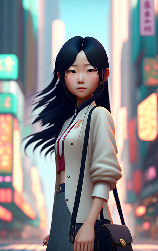 Digital artwork: Young girl in school uniform in neon-lit cityscape