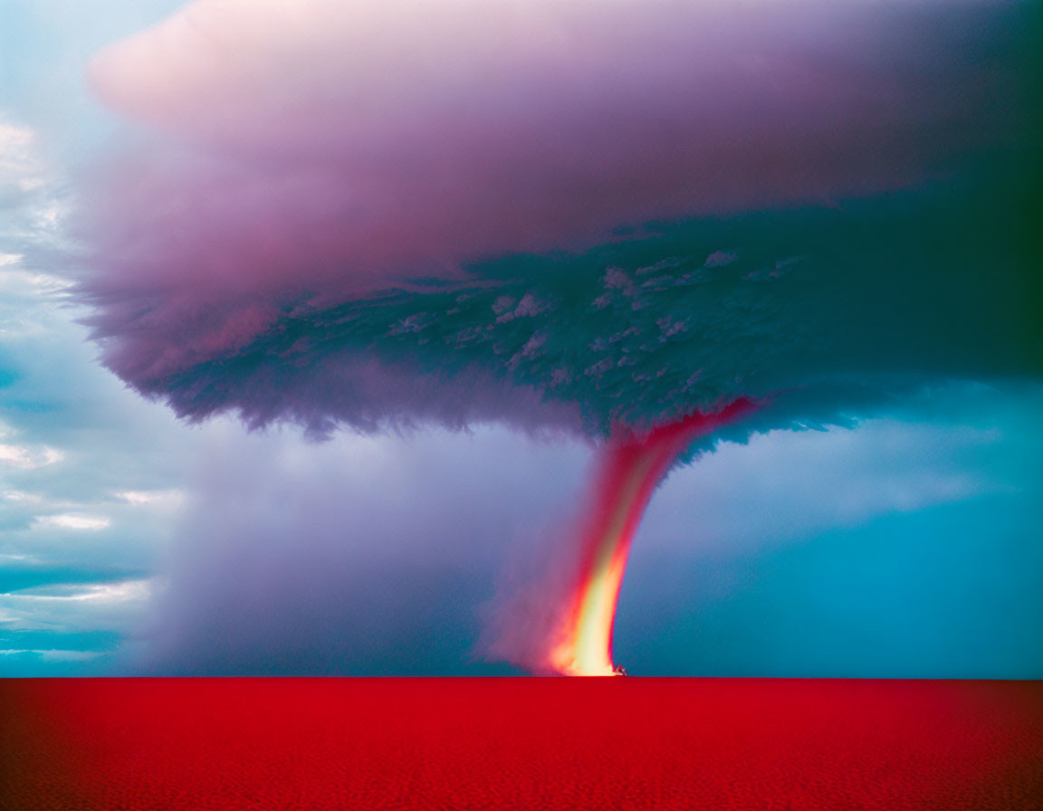 Large tornado in crimson landscape under stormy sky with pink and blue hues