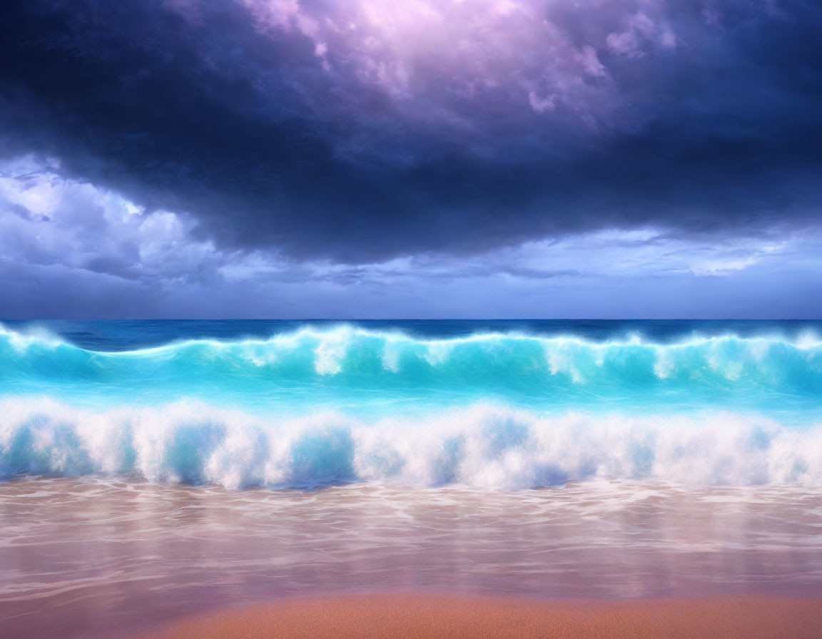 Vivid Beach Scene with Turquoise Wave and Purple Sky