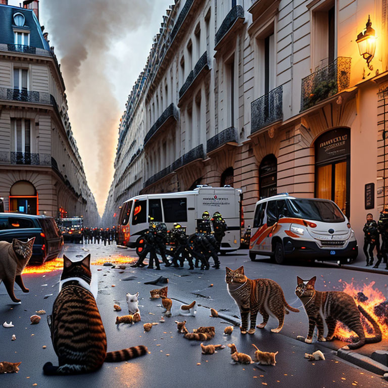 Digital artwork: City street with riot squad, flaming cats, and smoke