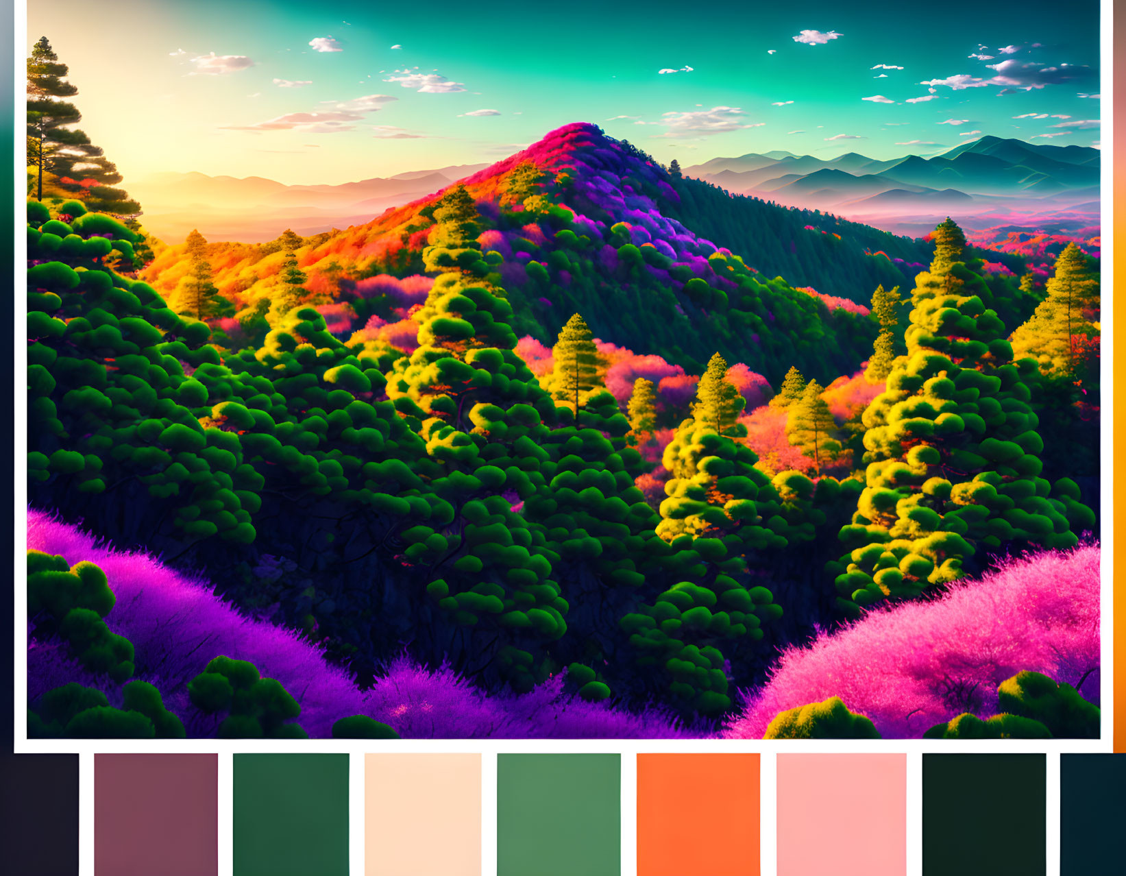 Vibrant Forest Sunset with Mountain Range Color Palette