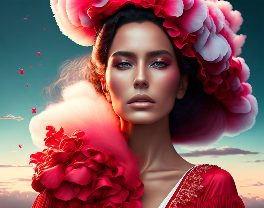 Woman in Red Ruffled Attire with Floral Headpiece and Butterflies on Sky Background