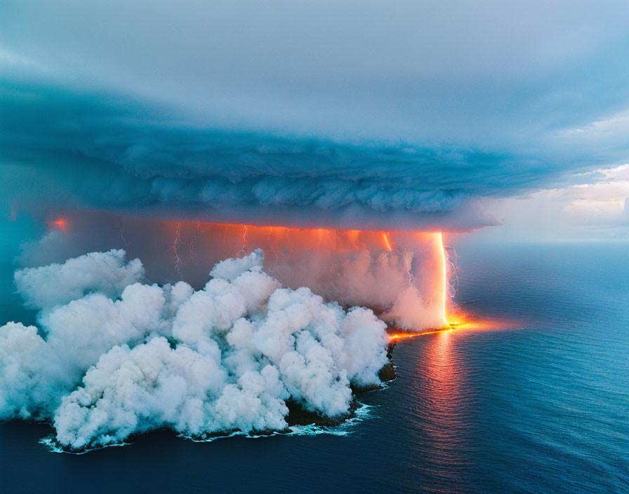 Coastline volcanic eruption with lava flowing into ocean under stormy sky