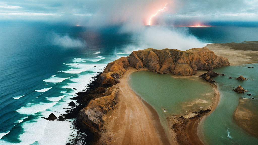 Aerial View of Rugged Coastline with Waves, Beach, and Lightning in Stormy Sky