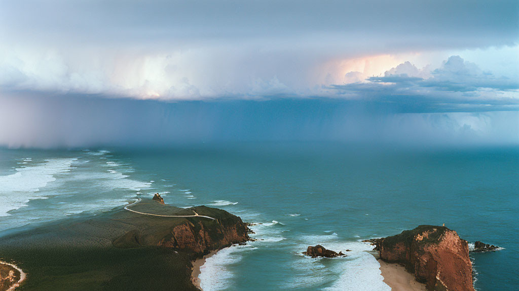 Stormy coastal landscape with lighthouse on promontory under rainy sky