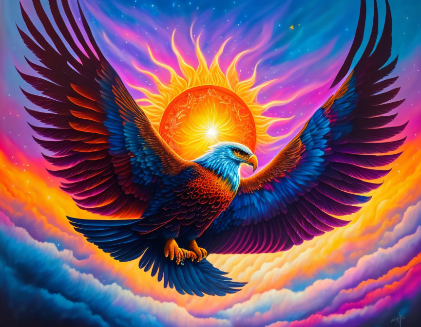 Mythical phoenix with outstretched wings against radiant sun