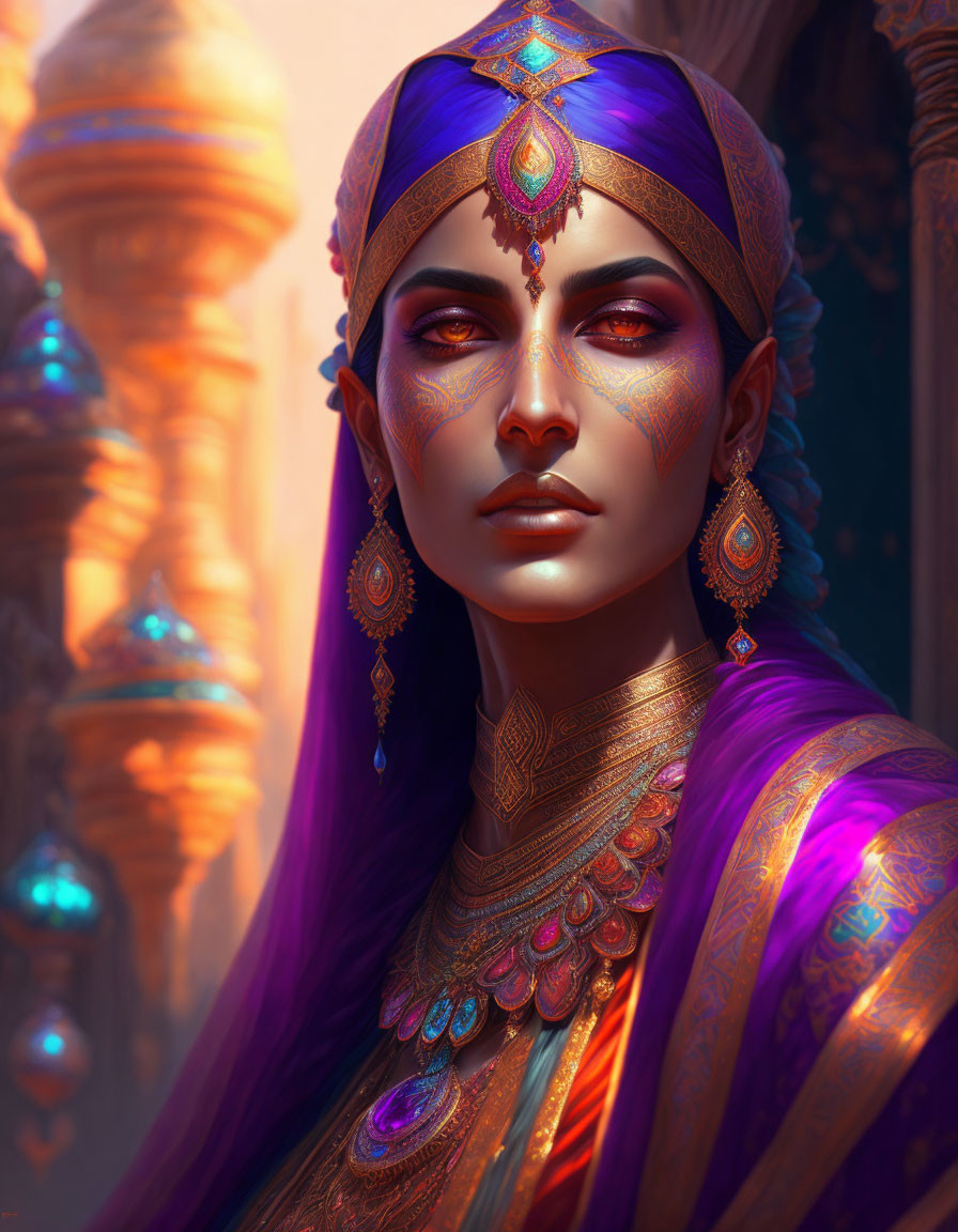 Illustrated woman with purple hair in traditional Indian attire and intricate jewelry