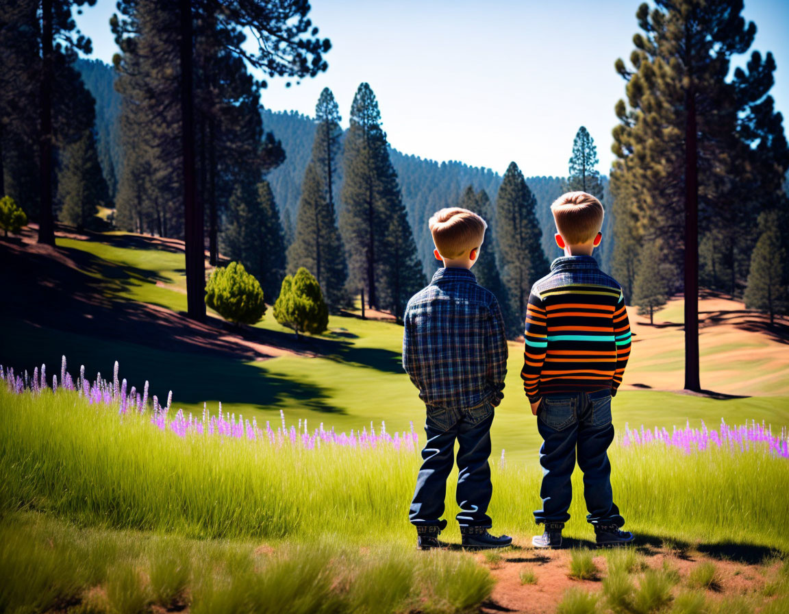 Two Boys Holding Hands in Plaid Shirts and Jeans Amid Pine Trees and Wildflowers