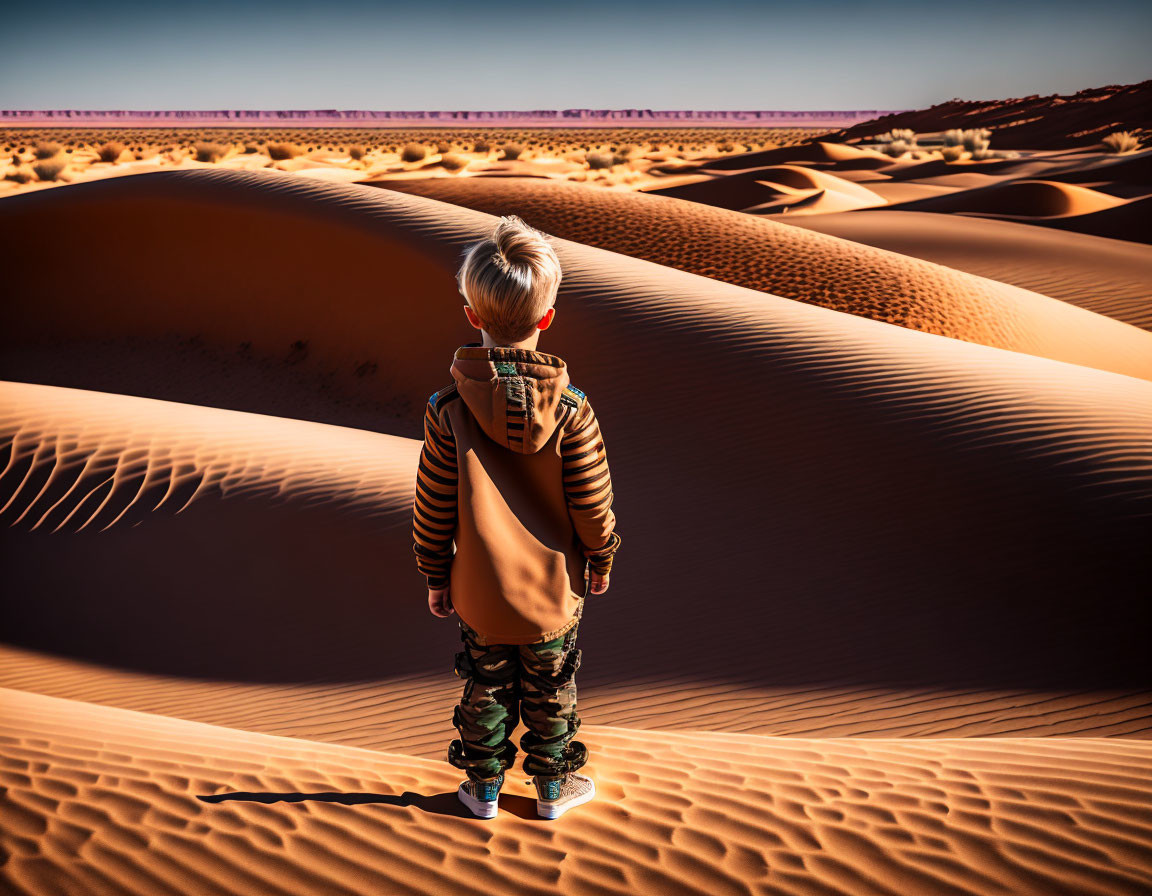 Blonde-haired boy in hoodie and camo pants in desert landscape