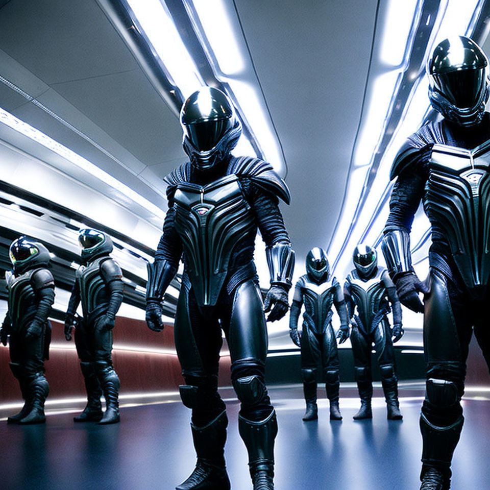 Futuristic group in sleek armor walking through illuminated corridor