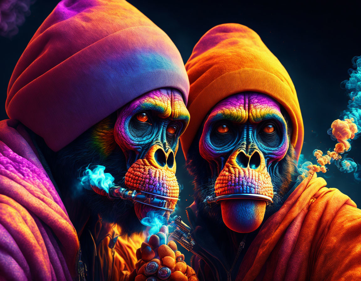 Colorful Robed Figures with Ape-like Features Smoking Pipes