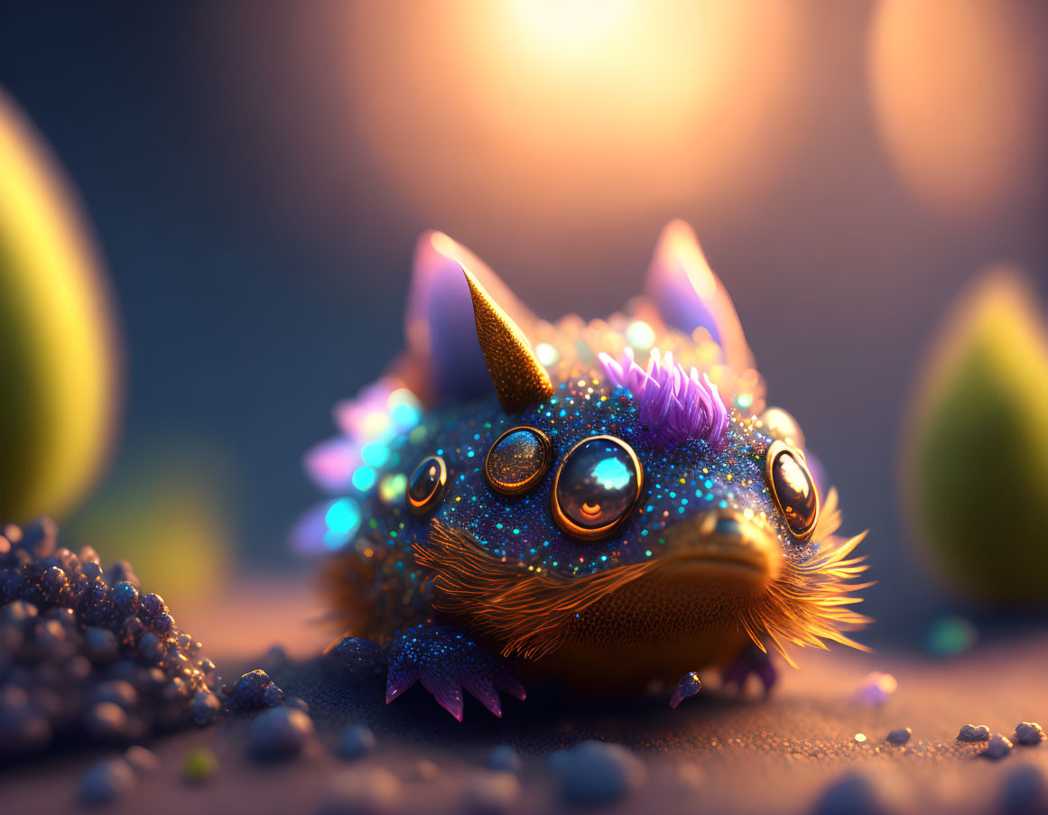 Digital artwork: Sparkling blue-eyed creature with cat-like ears and vibrant flowers, basking in sunset