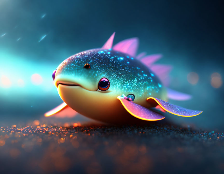 Bioluminescent fish digital illustration with shiny body and glowing fins