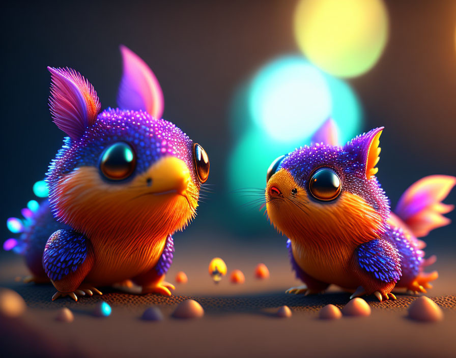 Colorful animated creatures with large eyes in curious gaze under warm lights