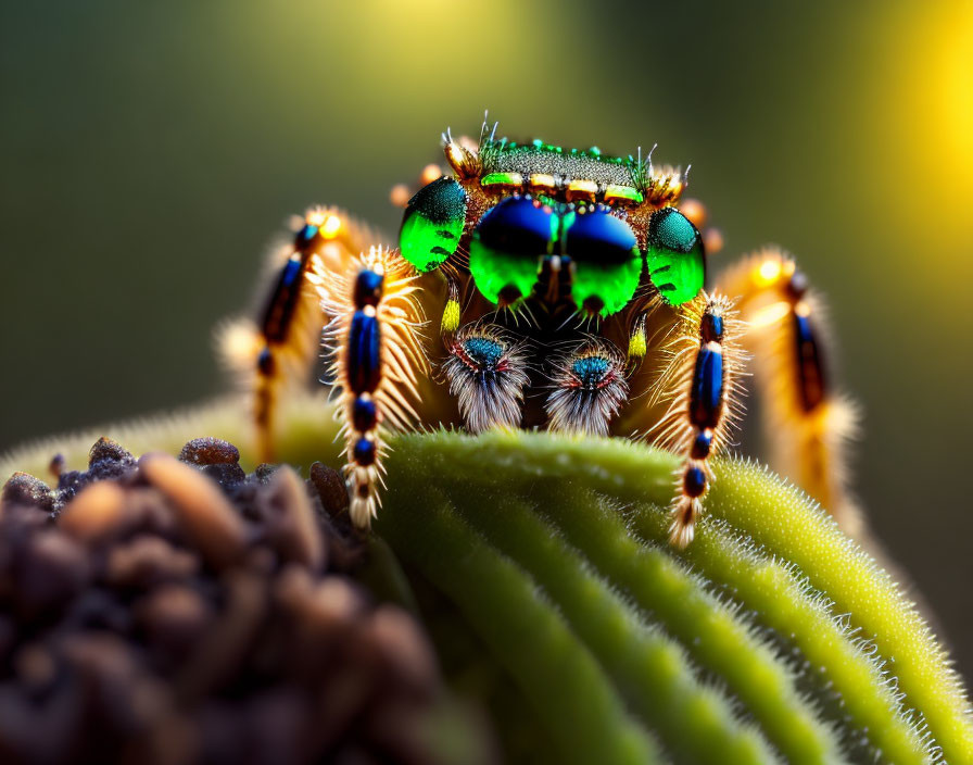 Colorful Jumping Spider Close-Up on Green Plant with Iridescent Eyes