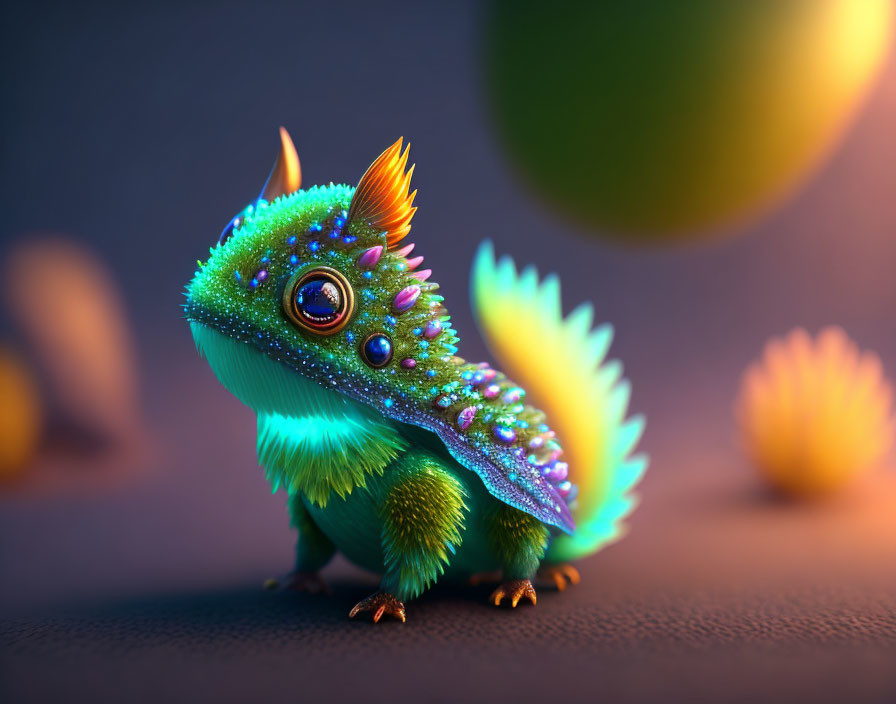 Iridescent fantasy creature with green fur, orange horns, and tail spikes