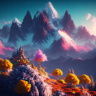 Snow-covered peaks and golden forest at twilight with pinkish sky