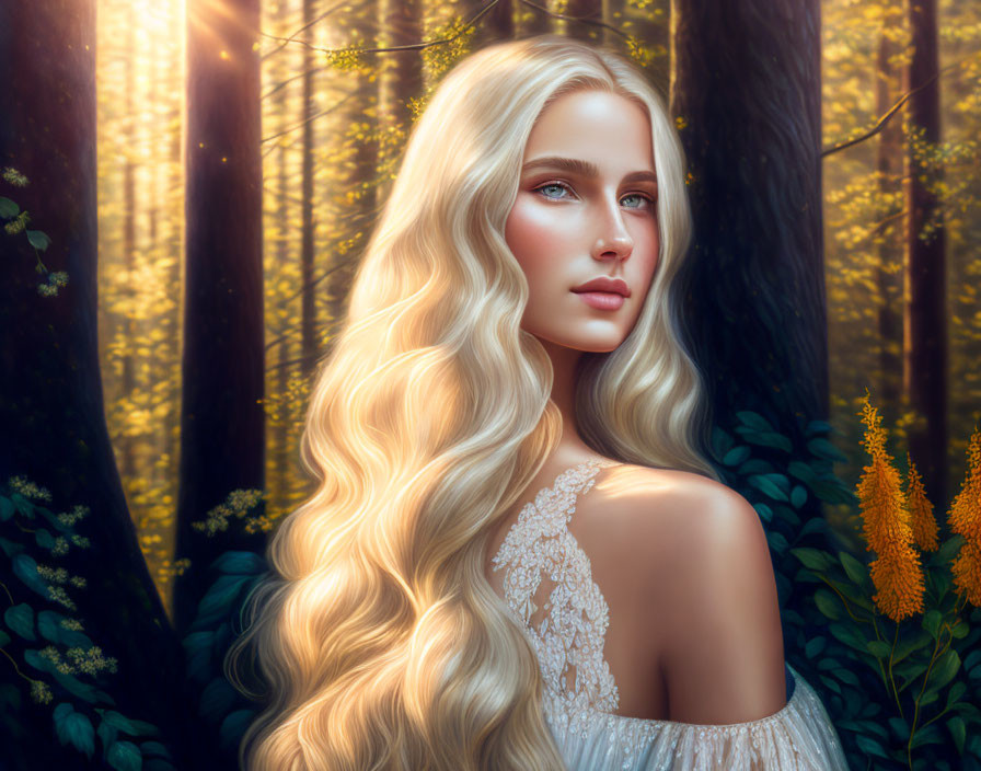 Blonde woman with blue eyes in sunlit forest landscape