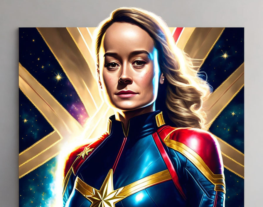 Colorful Superheroine Illustration in Blue and Red Suit with Cosmic Energy