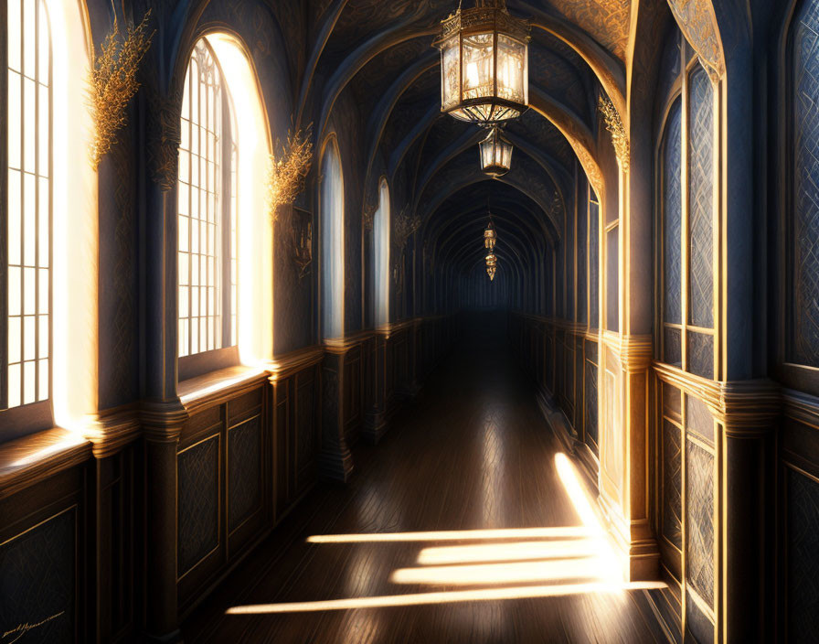 Grand corridor with arched windows and lanterns on polished wooden floors