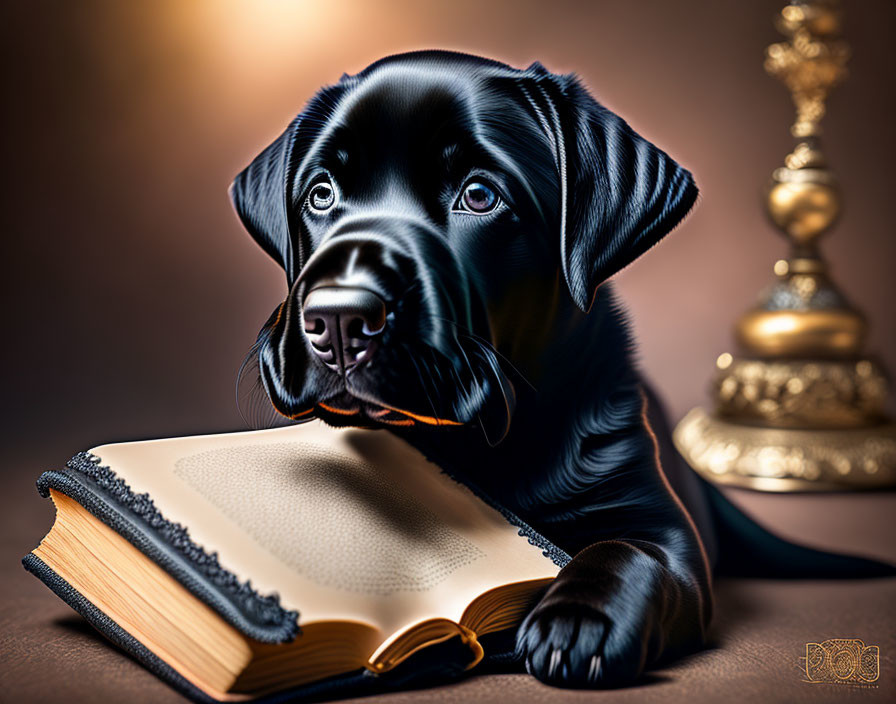 Black Labrador Puppy with Open Book and Brass Bell on Warm Background