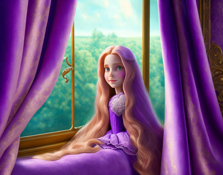 Young girl with long blonde hair in purple dress gazes out window overlooking lush green forest