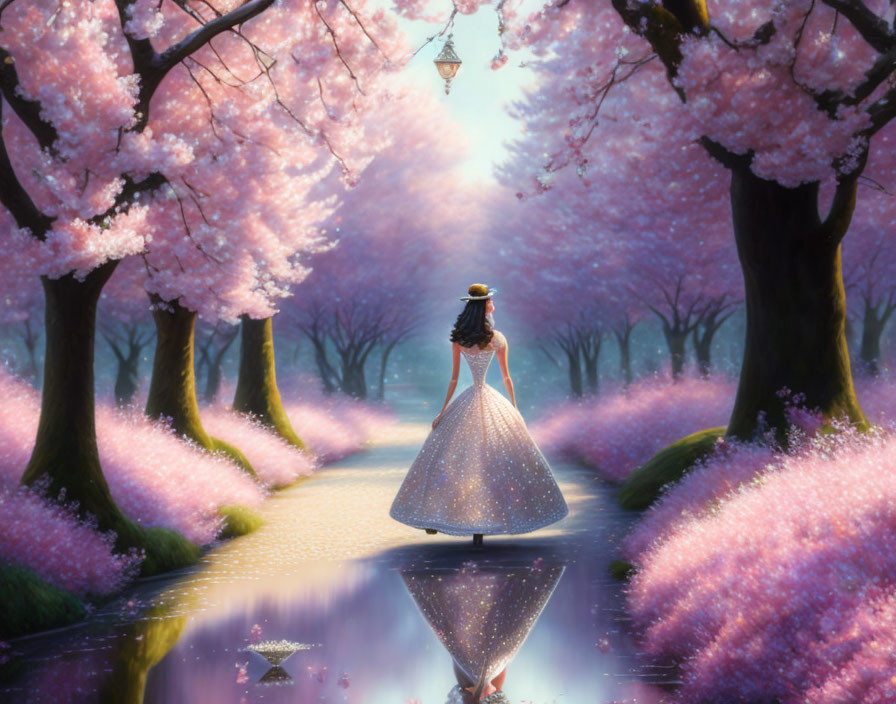 Woman in Sparkling Dress Walking Among Cherry Blossoms