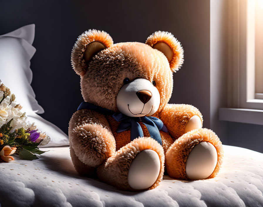 Plush teddy bear with blue bow in sunlight next to flowers