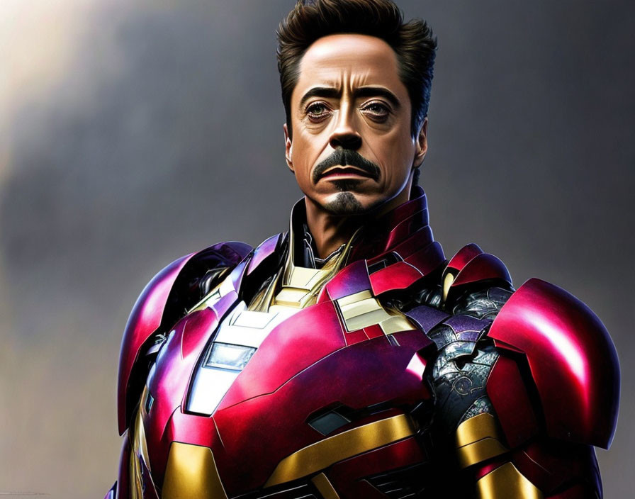 Man in Iron Man suit without helmet in stylized image.