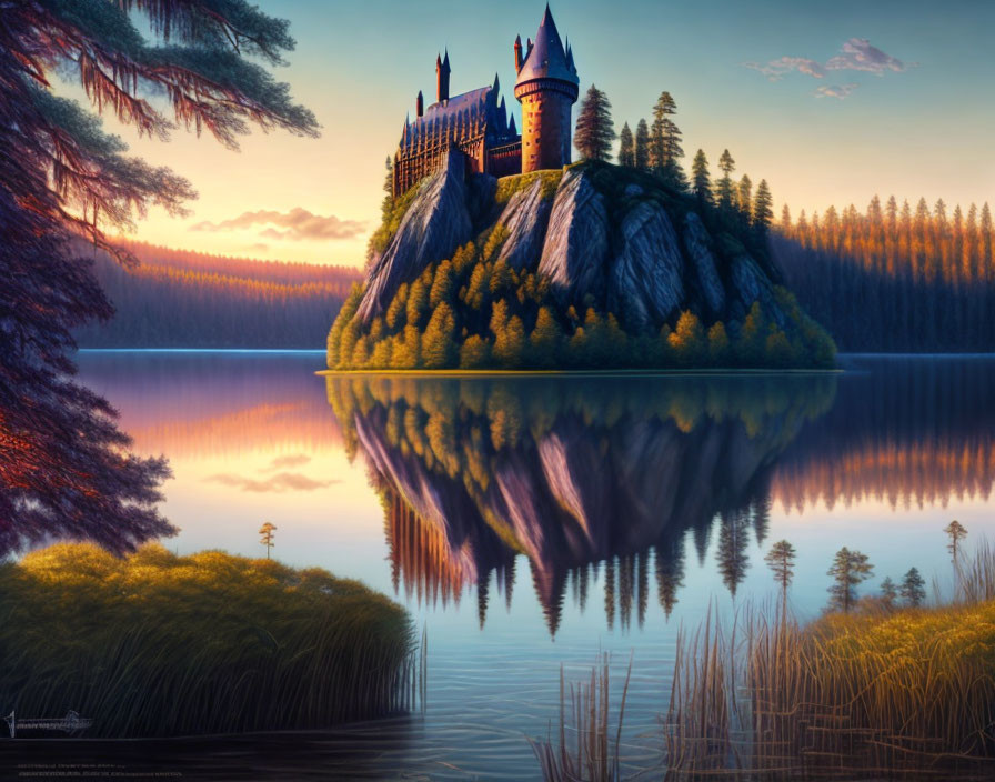 Majestic castle on steep cliff overlooking lake and forest at twilight