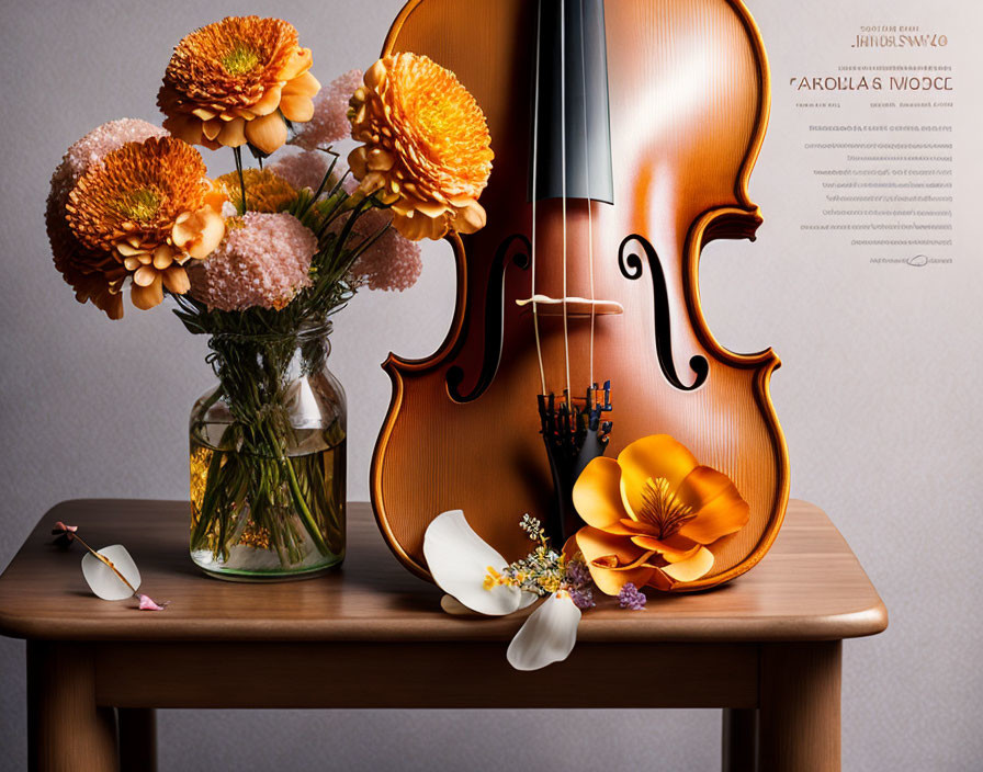 Violin resting on table next to vase with orange and pink flowers