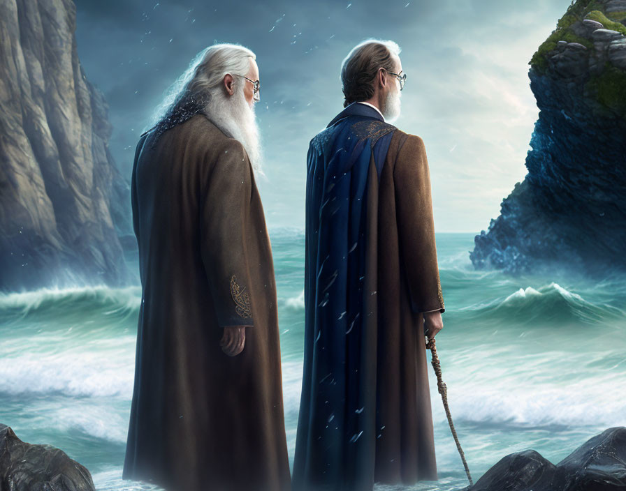 Elderly men with long beards on rocky shore gazing at sea