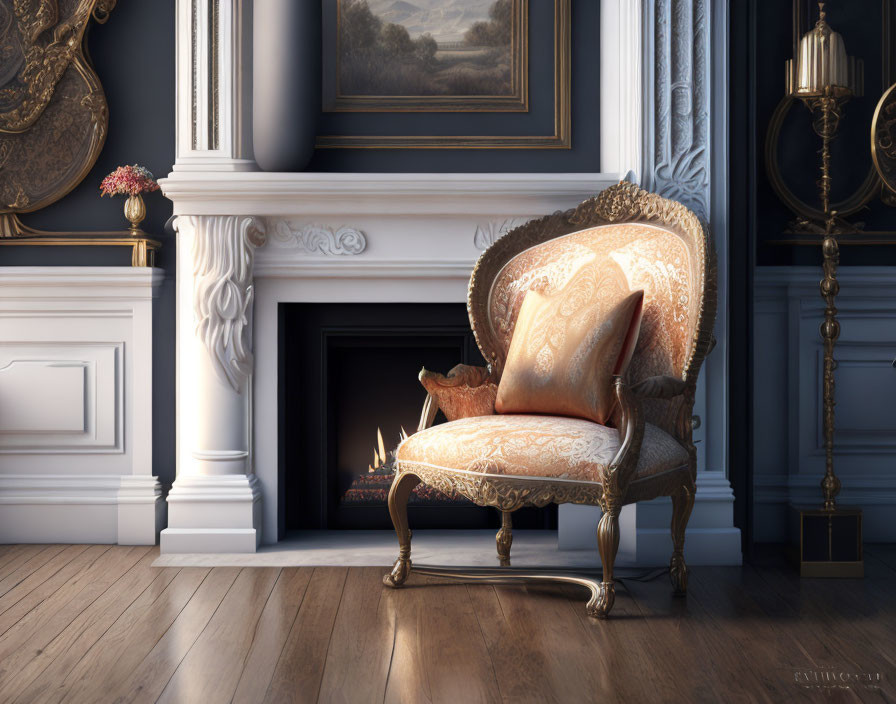 Classic Fireplace and Vintage Armchair in Elegant Room with Decorative Sconces