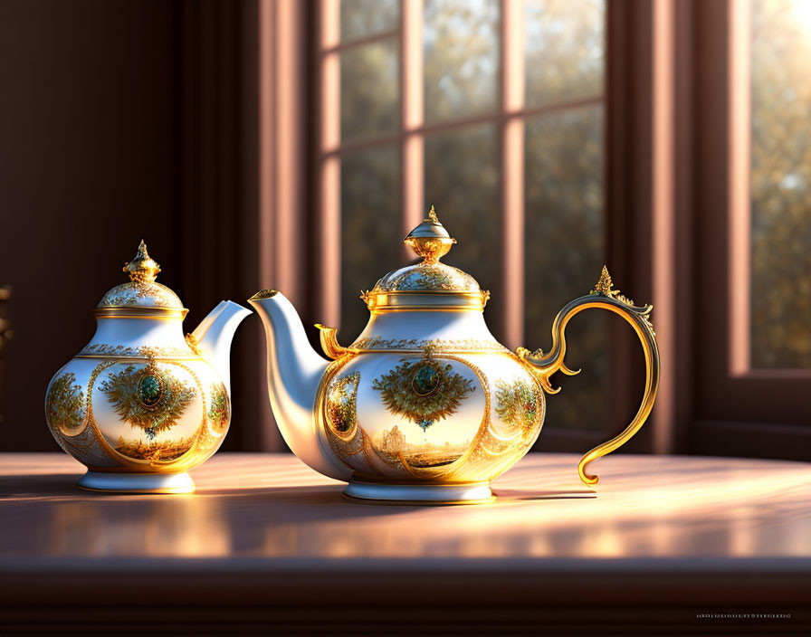 Porcelain Teapot and Sugar Bowl with Gold Trim in Sunlight Near Window