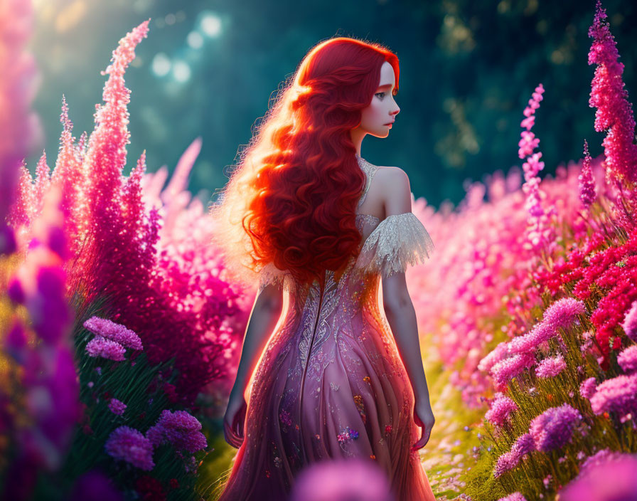 Woman with Red Hair in Sparkling Dress Surrounded by Pink Flowers