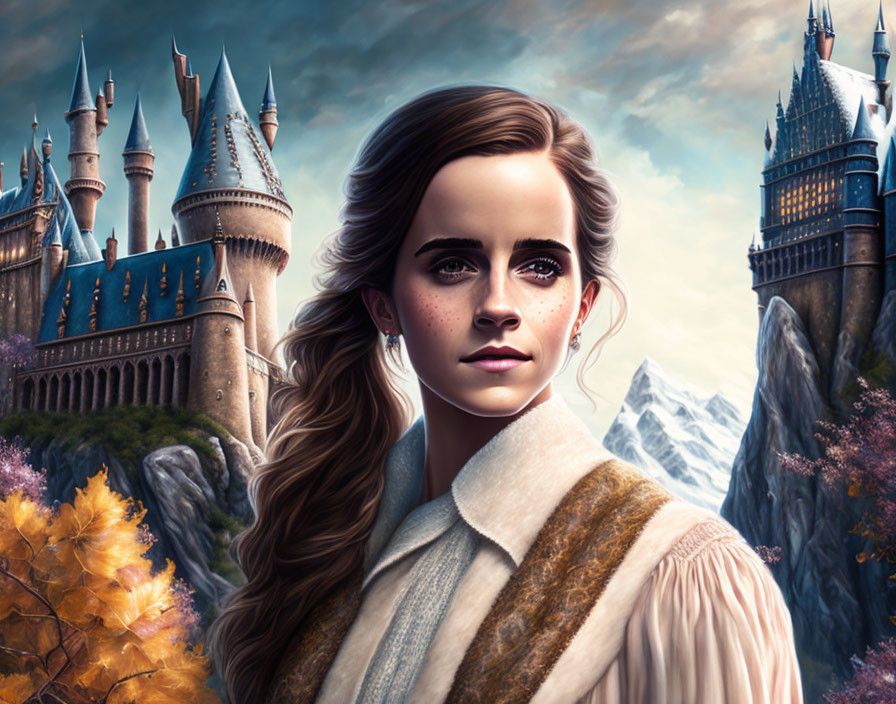 Illustrated portrait of a young woman with fantasy castle and autumn landscape