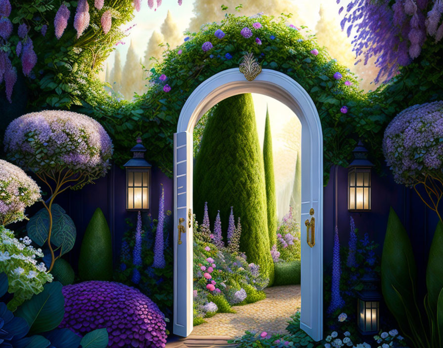 Enchanting garden scene with lush greenery and vibrant flowers