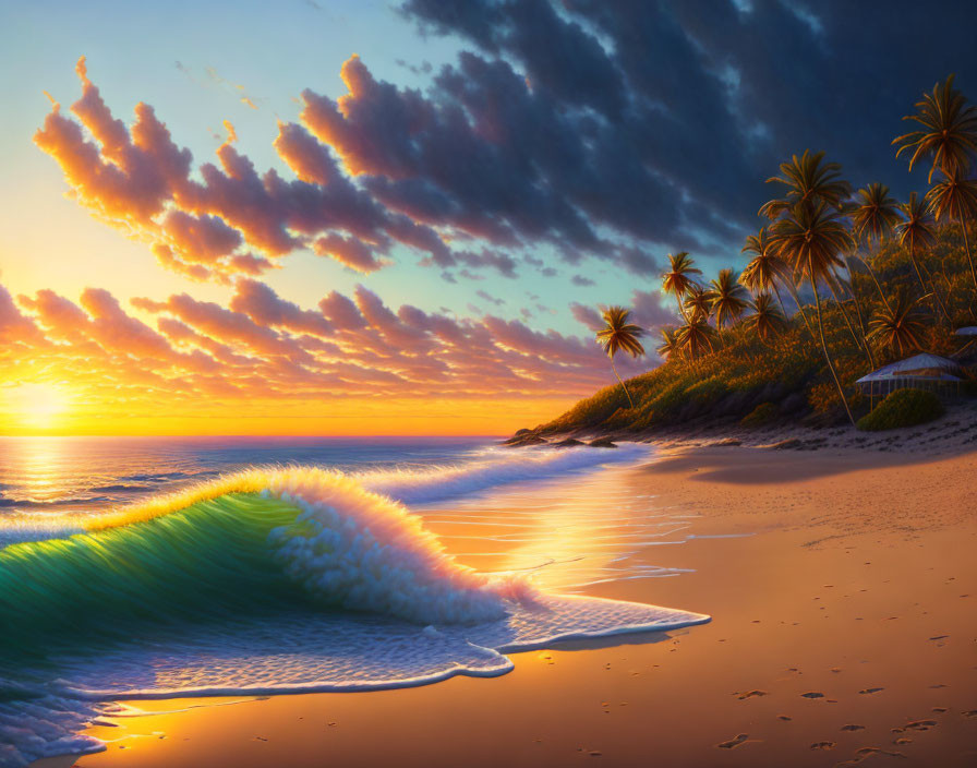 Tropical beach sunset with palm trees and turquoise wave