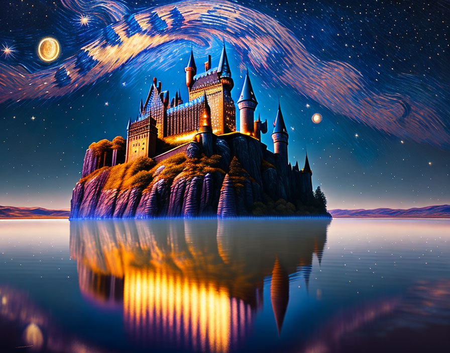 Enchanting castle on cliff under starry sky and moonlit night