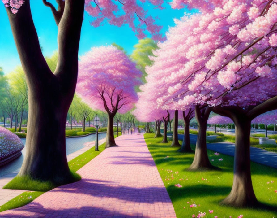 Scenic park path with blooming cherry blossom trees