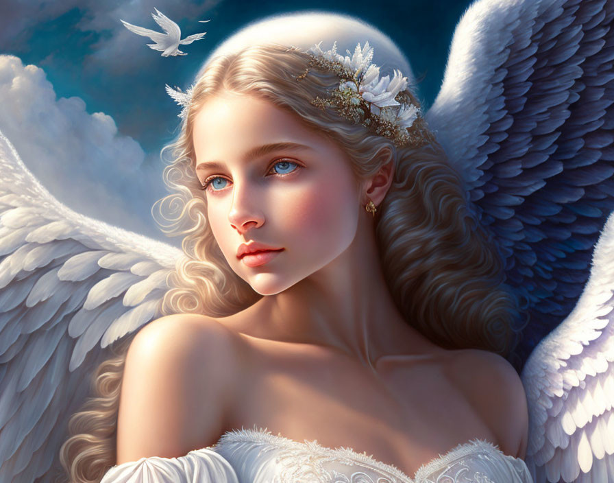 White-winged angel with floral headpiece and dove in celestial setting