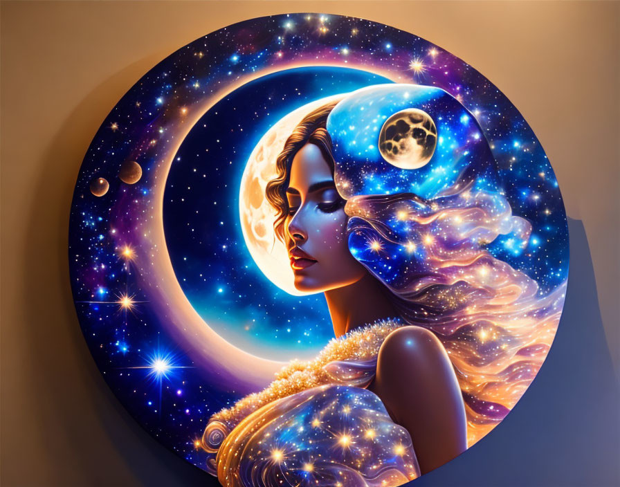 Circular Cosmic-Themed Woman Artwork with Stars and Moons