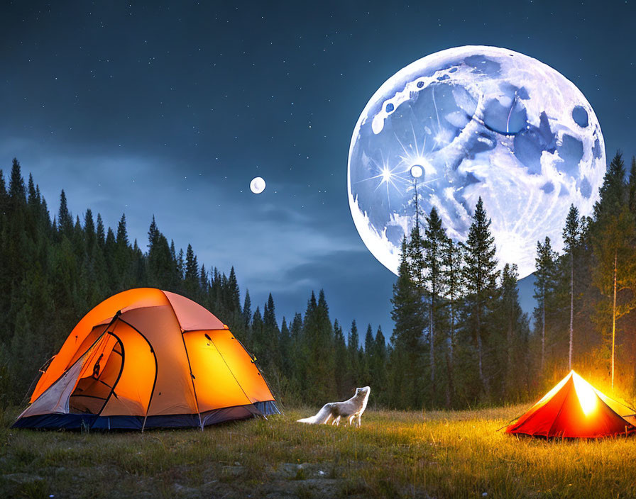 Forest clearing with two tents, full moon, and wolf scene.