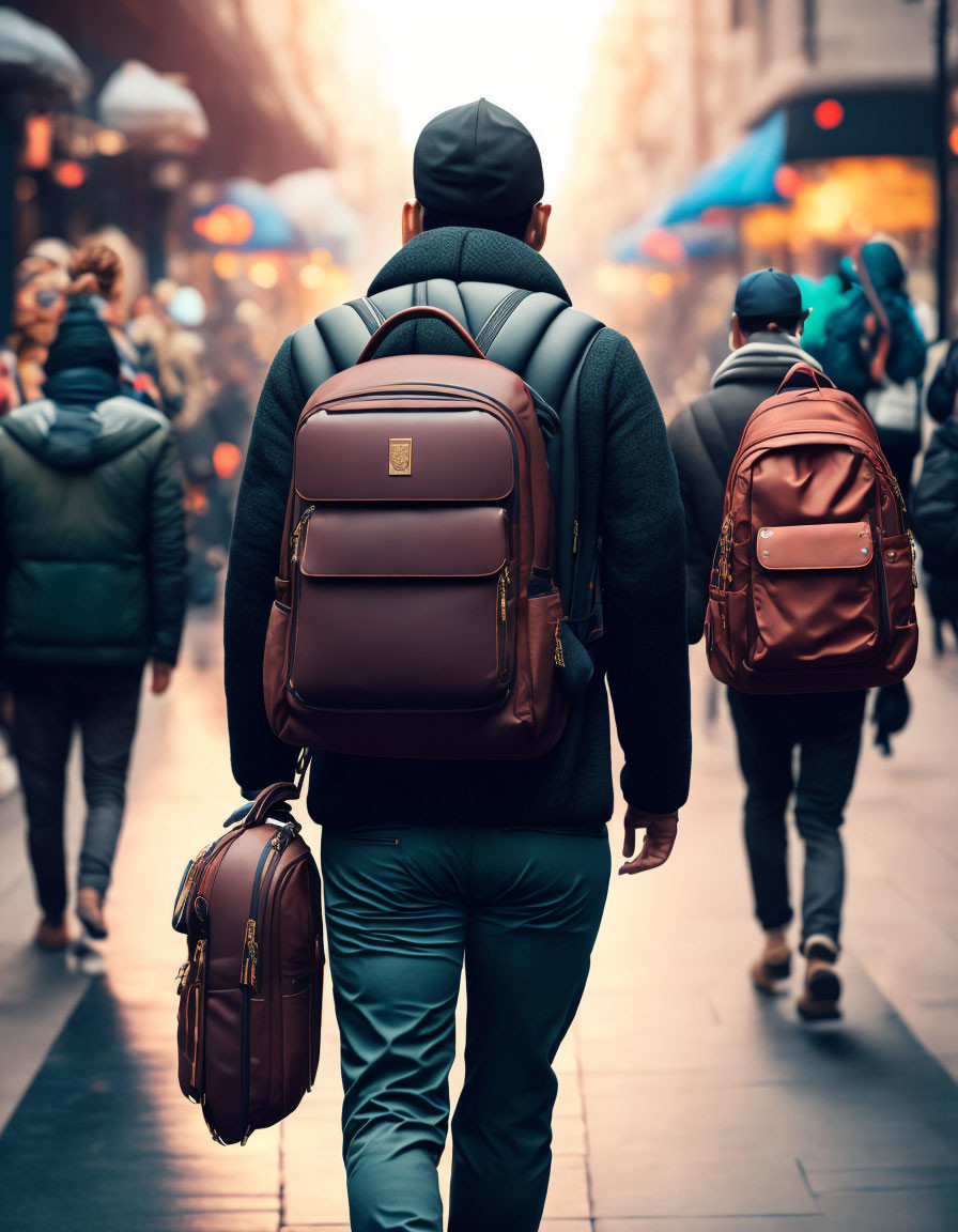 Man walking with backpack and side bag in city street scene.