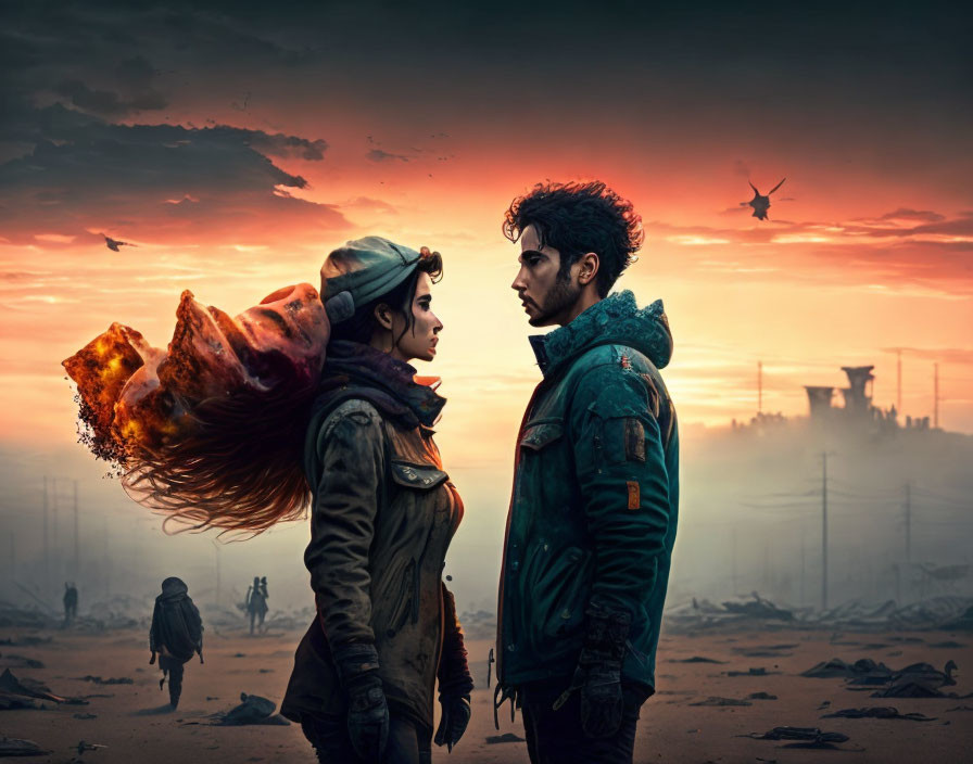 Intense gazes in post-apocalyptic scene with fiery sky and survivors.