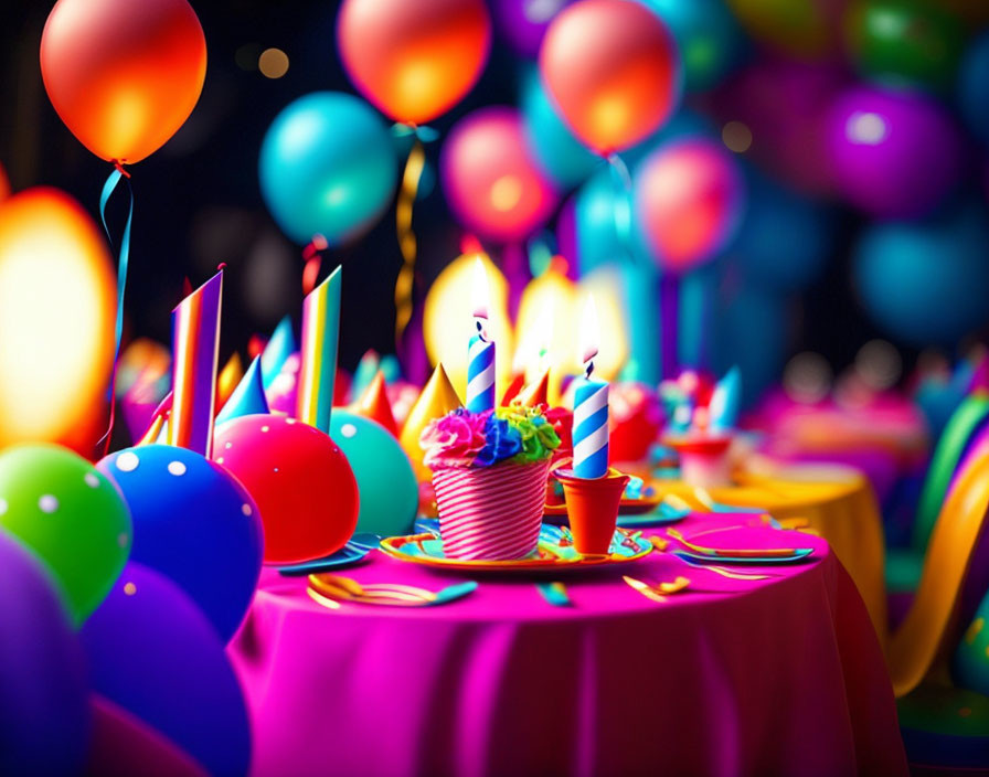 Colorful Birthday Party Table with Lit Candles and Balloons